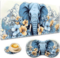 Large Game Mouse Pad + Wrist Support Pad + Coffee Coaster Desk Pad with Sewn Edges Anti-Slip Set pad Suitable for Office Work and Home - Elephant Blue Flowery