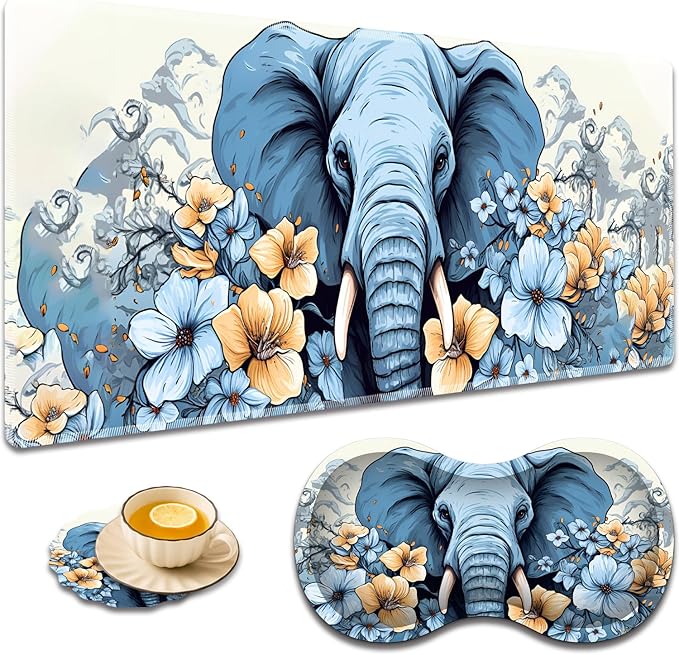Large Game Mouse Pad + Wrist Support Pad + Coffee Coaster Desk Pad with Sewn Edges Anti-Slip Set pad Suitable for Office Work and Home - Elephant Blue Flowery