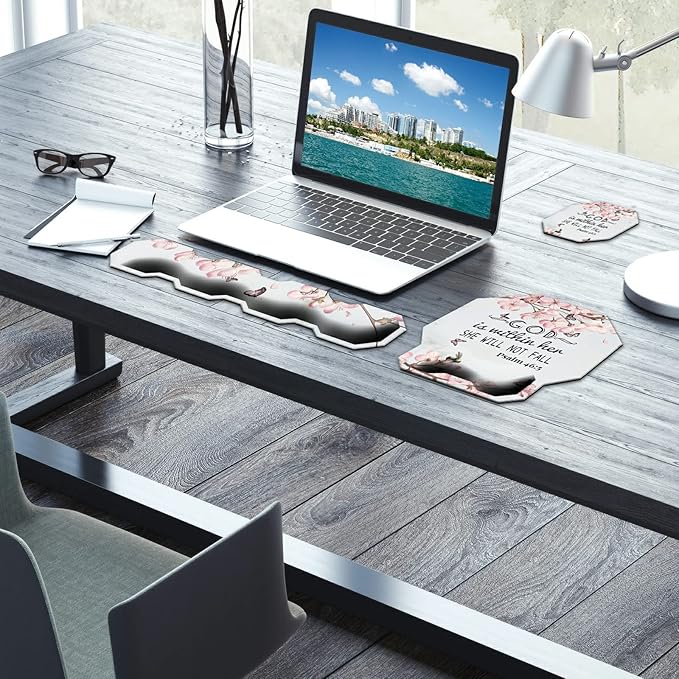 Keyboard Wrist Rest Pad and Ergonomic Gaming Mouse Pad Wrist Support Set (with Cute Coasters) with Memory Foam &amp Non-Slip Base Easy Typing and Wrist Pain Relief - Cherry Blossom Psalm 46:5