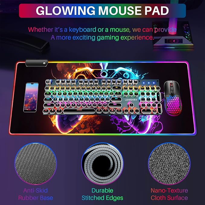 XL RGB Gaming Mouse Pad with 14 Light Modes - Light Up Gamer Mouse Pad31.5 x 11.8in Non-Slip Gamepad Style Led Large Gamer MousepadBlack Long Glowing Gaming Accessories for Desk Waterproof