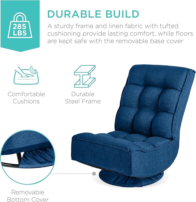 Best Choice Products Reclining Folding Floor Gaming Chair for Home Office Lounging Reading w/ 360-Degree Swivel 4 Adjustable Positions Tufted Cushions - Dark Blue
