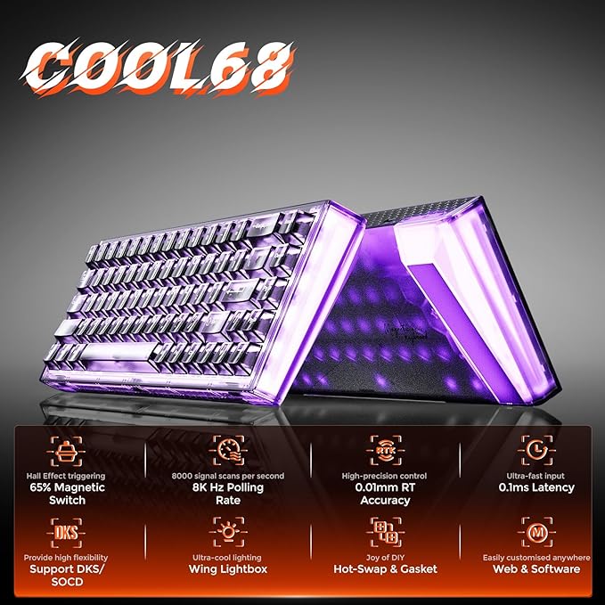 DAREU COOL68 60% Wired Gaming Keyboard Rapid Trigger Magnetic Switch Keyboard with 8000Hz Polling Rate Adjustable Actuation 0.1ms Latency Gasket Mount Hot swappable RGB Light