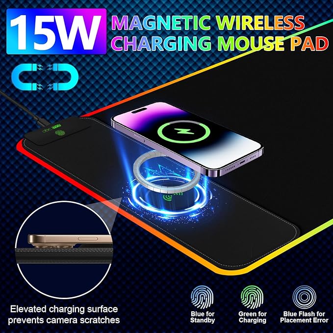 Magnetic Wireless Charging RGB Mouse Pad 31.5'' x 15.8'' Large LED Gaming Desk Mat 24 Light Effects Non-Slip Rubber Base Waterproof Ultra-Smooth Surface