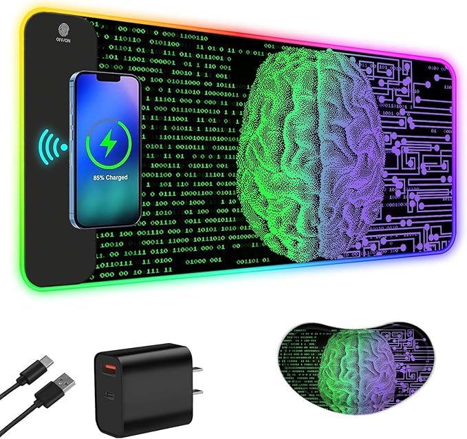 ToLuLu Wireless Charging RGB Gaming Mouse Pad 15W LED Mouse Mat with 30W Charger 14 Light Modes Large Mousepad Wrist Support Non-Slip Rubber Base Desk Mat Computer Keyboard Pad Right Left Brain
