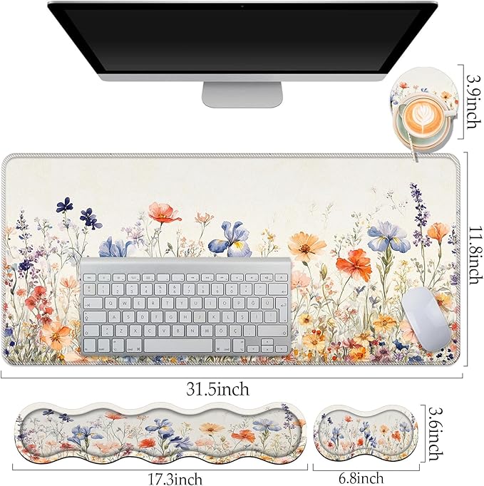 Keyboard Wrist Rest and Mouse Pad Set31.5x11.8 Inches Desk MatWaterproof Non-Slip Ergonomic Wrist Support for Pain ReliefExtended Desk Protector for Office Home GamingWildflower Pattern