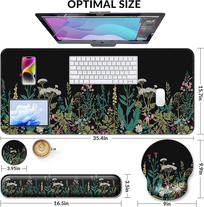 Desk Mat Set + Keyboard and Mouse Pad with Wrist Rest Support4-in-1 Large Mousepad Computer Mats for Desktop Home &amp Office-Floral Flowers