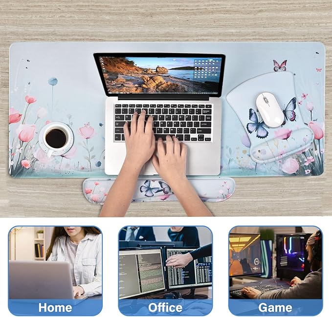 MEGREZ 4-in-1 Ergonomic Memory Foam Wrist Rest Set Desk Pad Mouse Pad with Wrist Rest Keyboard Pad Suitable for Office Workers Programmers &amp Gamers–Relieve Typing &amp Gaming Fatigue