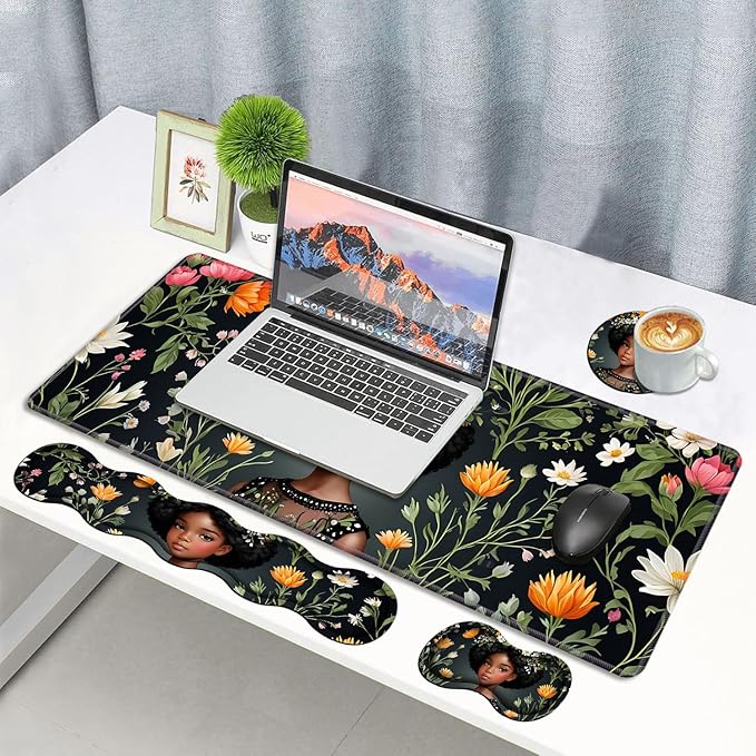 4 in 1 Ergonomic Memory Foam Mouse Pad Wrist Rest Set Large XXL Gaming Desk Pad + Keyboard Wrist Rest + Mouse Wrist Cushion + Coaster for Home Office Study Gaming African American Black Girl