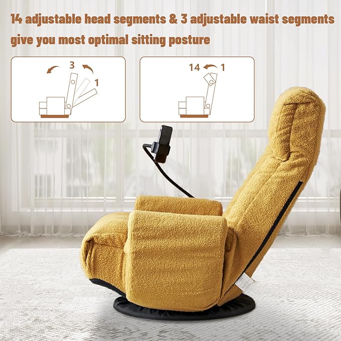 360° Swivel Floor Gaming Chair Teddy Folding Lounge Chair Sofa Chair with Adjustable Head and Waist Armrests &amp Phone Holder Padded Cushion Leisure Chairs for Living Room Bedroom (Yellow)