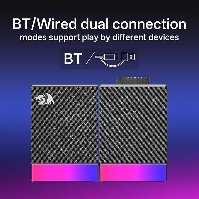 Redragon GS517 RGB Computer Speaker - 2.0 Stereo Sound System with BT &amp USB Dual Connectivity 8 RGB Lighting Effects Touch Controls &amp Volume Knob - Perfect for Gaming &amp Multimedia