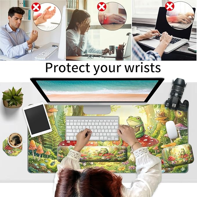 Large Gaming Mouse Pad + Memory Foam Ergonomic Keyboard Wrist Rest Support + Wrist Rest + Coaster Green Desk Decor Mat Stitched Edge Non Slip Desk Mat 4PC for Office &amp Home Cute Frog Kawaii