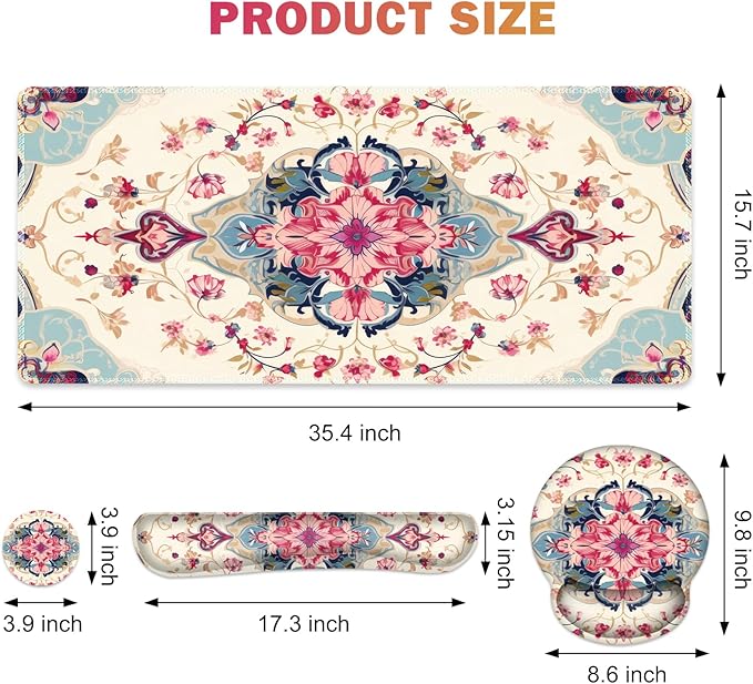 Gaming Mouse Pad Large Desk Mat Cute Desk Pad Protector 4in1 XXL Mousepad + Keyboard Wrist Rest+Mouse Wrist Rest+Coaster Set with Ergonomic Desk Pad for Home Office Computer Retro Style Pattern