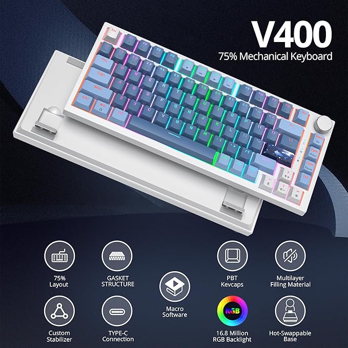75% TKL Wired Mechanical KeyboardRGB Backlit Gasket Mount 82 Key Hot Swappable Custom Linear Red Switch Gaming Keyboard with Volume Knob &amp PBT Keycaps (82 Sea Fog Blue)