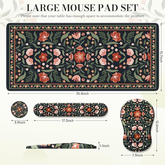 Keyboard Mouse Pad Set Floral Desk Wrist Pad Comfortable Keyboard Wrist Rest and Coaster Non-Slip Table Decor Desk Accessories for Women