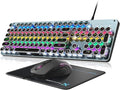 Typewriter Style Mechanical Gaming Keyboard Blue Switch Rainbow LED Backlit Wired Computer Keyboards Mouse and Pad Combo Metal Panel Retro Punk Round Keycaps 104 Keys Anti-Ghost for PC Laptop Gamer