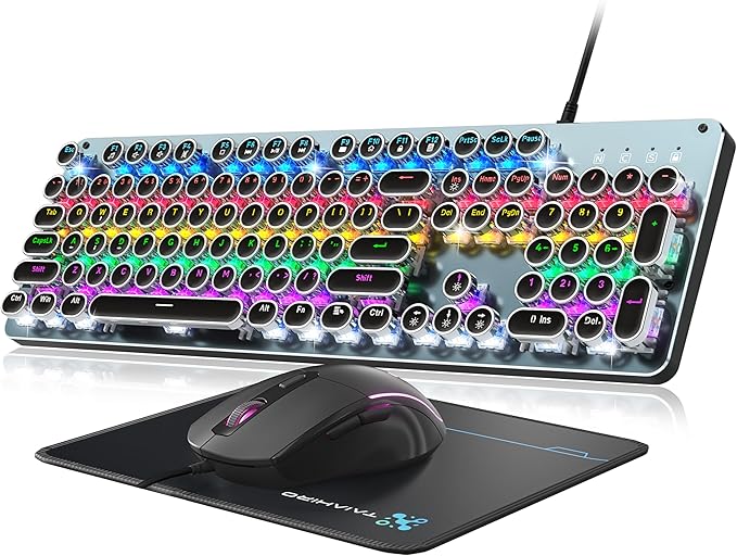 Typewriter Style Mechanical Gaming Keyboard Blue Switch Rainbow LED Backlit Wired Computer Keyboards Mouse and Pad Combo Metal Panel Retro Punk Round Keycaps 104 Keys Anti-Ghost for PC Laptop Gamer