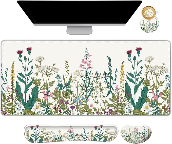Desk Mat Pad Gaming Mouse Pad Wrist Support Set 4 in1 Non-Slip XXL Large Mousepad + Ergonomic Keyboard Wrist Rest+Mouse Wrist Rest+Coaster for Home Office Computer I Vintage Wildflower Garden