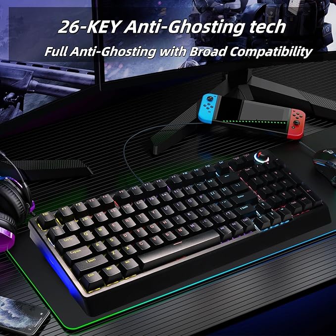 Mechanical Gaming Keyboard with Red Switches:98 Keys with Backlit Black Fine-tune audio or brightness using the dual-function knob17 Lighting ModesAnti-Ghosting Wired USB for PC Mac Gaming