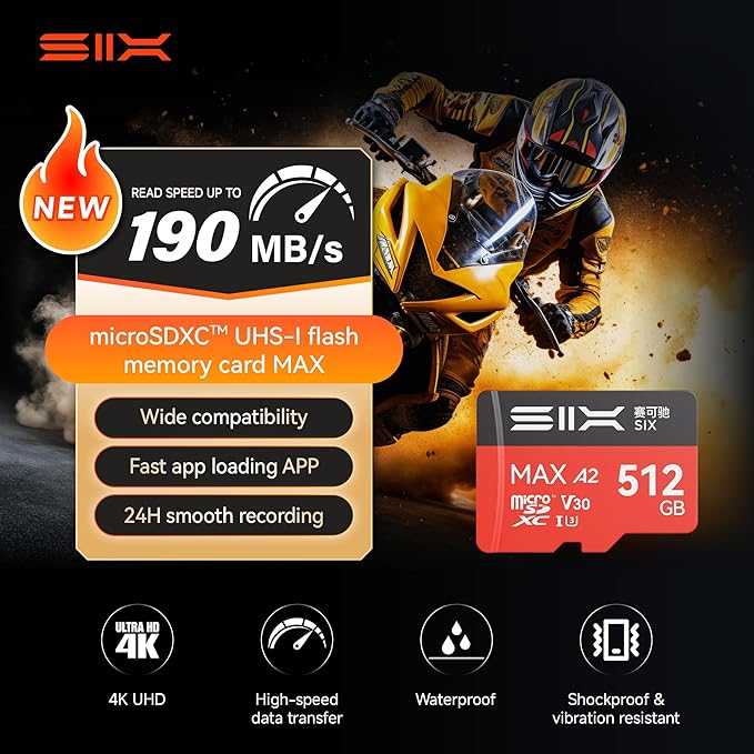 SIX M200 512GB Micro SD Card Read Up to 190MB/s for 4K UHD Continuous Recording - A2 U3 V30 microSDXC Memory Card 512GB with Adapter for Action Cameras Drones Gaming Consoles Dash Cams Phones