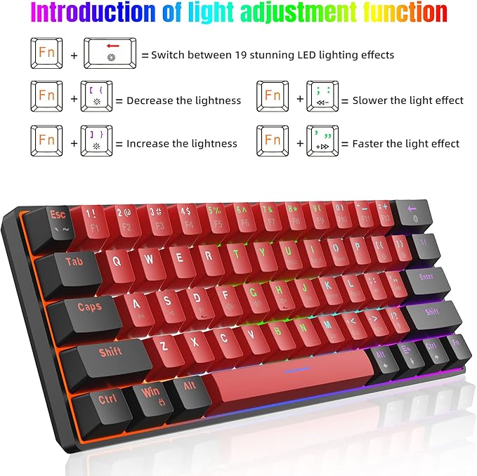 Snpurdiri 60% Wired Mechanical Gaming Keyboard LED Backlit 60 Percent Gaming Keyboard for Windows Laptop PC Mac (Black-Red Blue Switches)