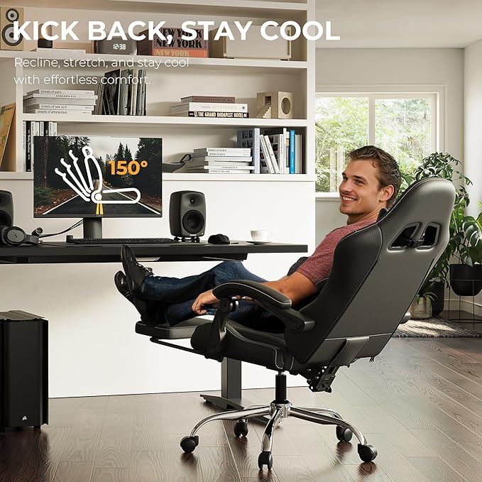Gaming Chair with Footrest &amp Massage Lumbar Ergonomic Computer Chair 330lbs with Headrest Pillow for Office Home Streaming and Long Gaming SessionsDark Black