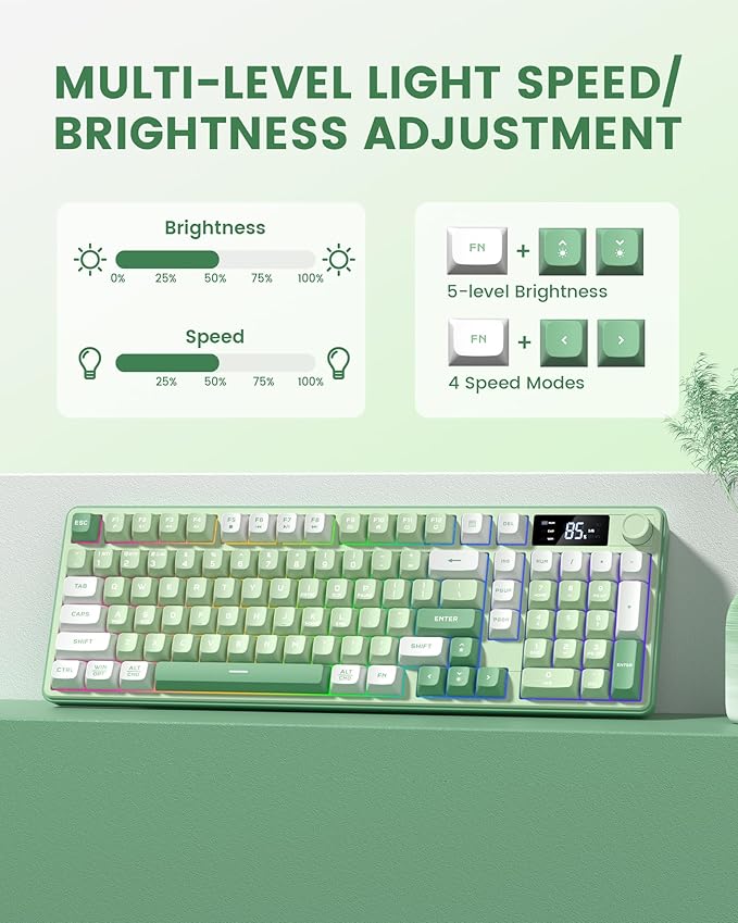 Keymatic Gaming Keyboard Wireless Creamy Keyboard with Media Knob &amp Screen Cute Keyboard Mechanical Feeling Membrane Keyboard with Number Pad RGB Backlit Tri-Mode BT/2.4GHz/USB-C - Green