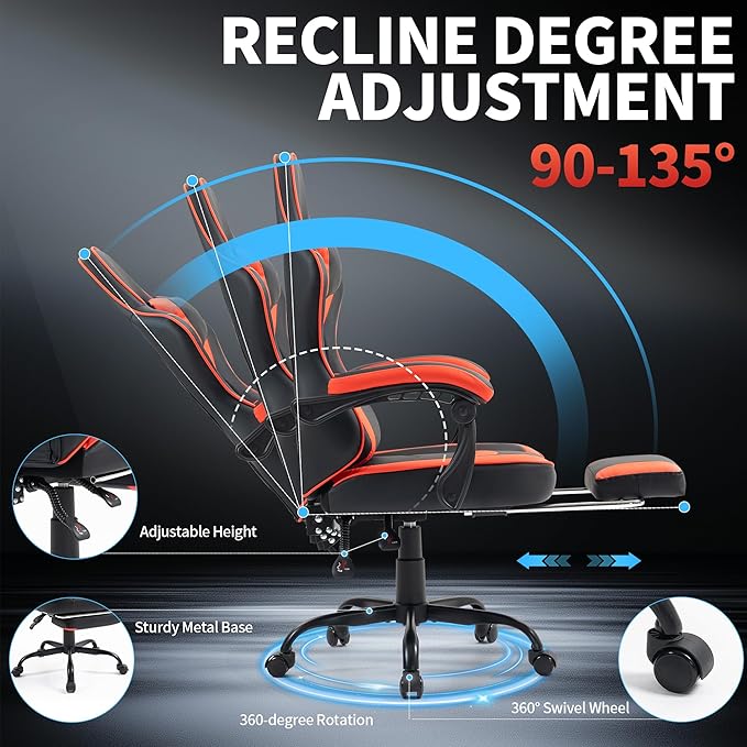 Gaming Chair with Footrest for Adults - Ergonomic Gaming Chairs with Foot Rest - Big and Tall Computer Game Chair - PU Leather Reclining Video Game Chairs with Spring Cushion - Black/Red