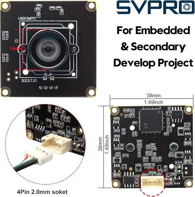 Svpro 12MP USB Camera Module 4K/30fps 1080P/120fps High Speed Camera with M12 Manual Focus Lens IMX577 Sensor UVC Computer Camera for LightburnRaspberry PiLinuxWindowsAndroidMac OS