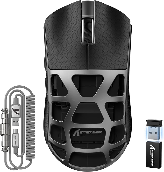 FELICON x Attack Shark R3 Magnesium Alloy Wireless Gaming Mouse 46g Ultra-Lightweight Skeletal Shell PAW3395 26K DPI 8K Polling Tri-Mode 2.4G/BT/Wired for PC Mac Laptop - Gray &amp Griptape