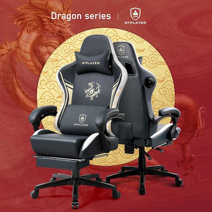 GTPLAYER Gaming Chair with Bluetooth Speakers and Footrest Dragon Series Video Game Chair Heavy Duty Ergonomic Esports Computer Office Chair(BLUEGRAY)