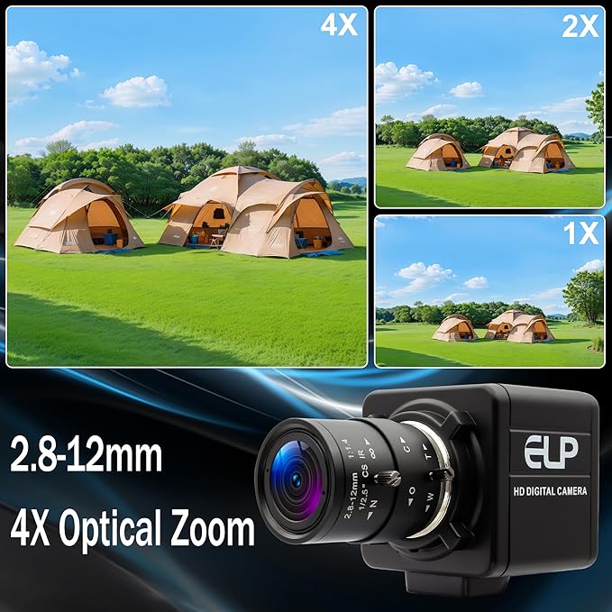 USB Camera - 8MP Security Webcam 4X Optical Manual Zoom Camera 2.8-12mm Adjustable Lens Plug &amp Play for PC Laptop Compatible with Raspberry Pi Windows Mac Linux