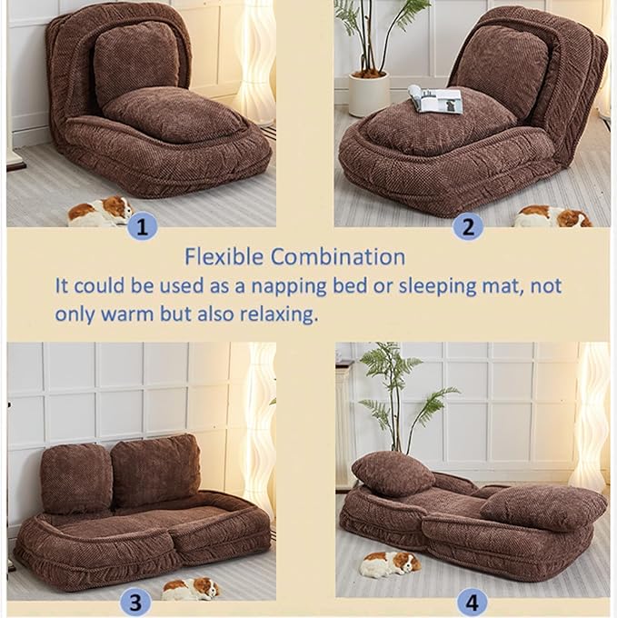 Floor Chair with Back Support Folding Sofa Chair with 5 Adjustable Position Plush Floor Gaming Chair Meditation Chair for Lazy Boys Human Dog Bed for Living Room Bedroom Lounge Brown