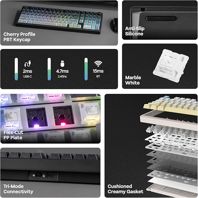 EPOMAKER Galaxy100 Lite QMK/VIA Gaming Keyboard with 8000mAh Battery and Numpad 1800 Aluminum Mechanical Keyboard USB-C/BT/2.4Ghz Hot-Swap Creamy Sound (Black Marble White Switch)