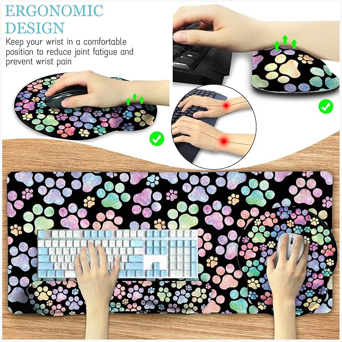 Dog Paw Mouse Pad Set XXL Large Desk Mat Pad Cute Ergonomic Mouse Pad with Wrist Support Wrist Rest for Computer Keyboard Cup Coaster Cute Cat Paw Office Supplies Desk Decor Accessories