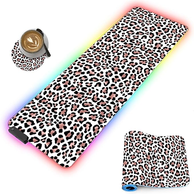 Customized RGB Gaming Mouse Pad and Coffee CoasterLarge Glowing Led Anti-Slip Rubber Base Computer Keyboard Desk Mouse Mat 31.4x11.8 InchLeopard Print
