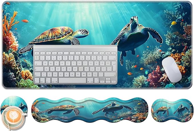 Keyboard Wrist Rest and Mouse Pad Set31.5x11.8 Inches Desk MatWaterproof Non-Slip Ergonomic Wrist Support for Pain ReliefExtended Desk Protector for Office Home GamingCute Turtle