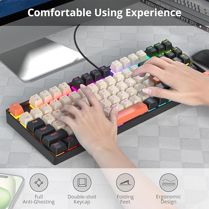 75% Mechanical Gaming Keyboard with Red Switch RGB LED Backlit Keyboard Orange 87 Keys Compact TKL Wired Computer Keyboard for Windows Laptop PC Gamer (87 Carbon)