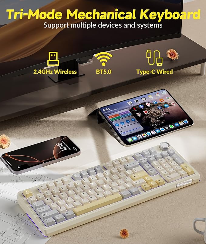 SOLAKAKA KI99 Pro 96% Wireless Gaming Keyboard RGB Creamy Keyboardw with Knob Hot-Swappable Pre-Lubed Switches Gasket Structure Mechanical Keyboards (Beige-White Non-Silent Version)