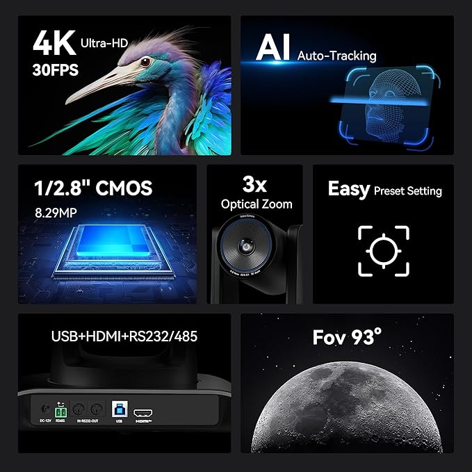 Tenveo 4K AI Auto-Tracking PTZ Camera 3X Optical Zoom USB3.0/HDMI/RS232 93° Wide-Angle UHD 4K 30FPS for Video Conferencing Business Meetings Live Streaming Church Worship Zoom Teams OBS