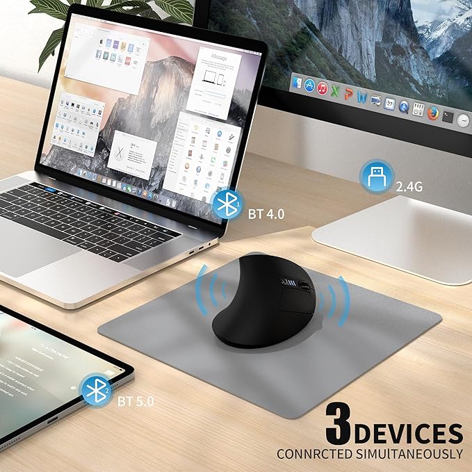 Uineer Ergonomic Mouse Wireless Bluetooth Rechargeable Vertical Mouse 7 Color LED 4 DPI Adjustable USB-A Wrist Strain ReliefOptical Mice for Computer/PC/Laptop Black