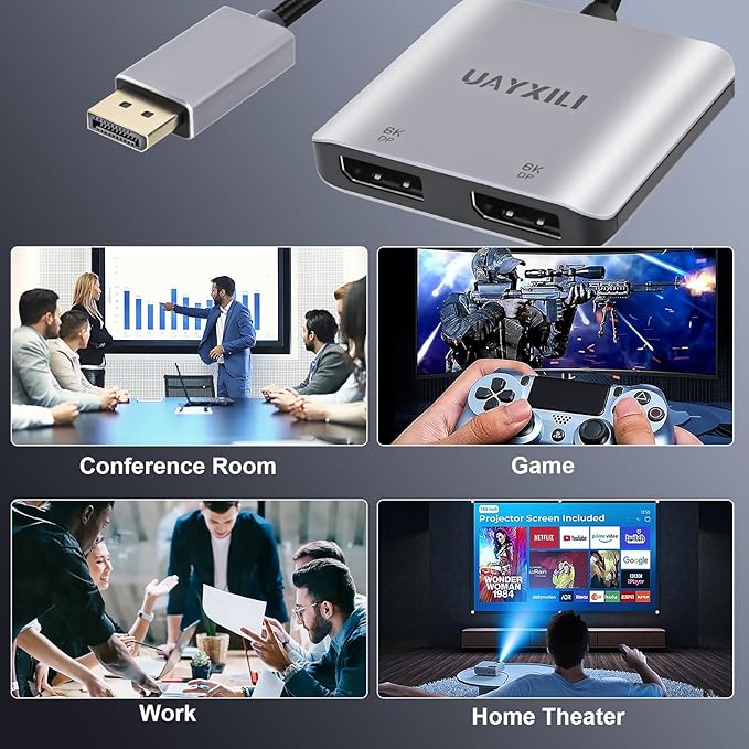 DisplayPort to Dual DP Adapter 8K@60Hz DP Splitter 1 in 2 Out Extended Display MST for Dual Monitors Compatible with PC Graphic Card NVIDIA AMD