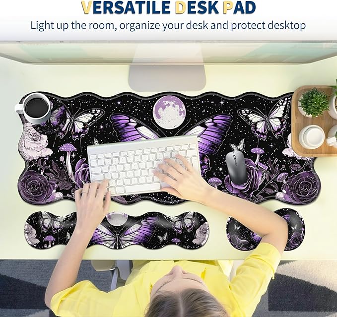 4-Piece XXL Gaming Mouse Pad Set (31.5x11.8) with Keyboard Wrist Rest Mouse Wrist Support &amp CoasterErgonomic Non-Slip Desk Mat for Office &amp HomePurple Butterfly Flower