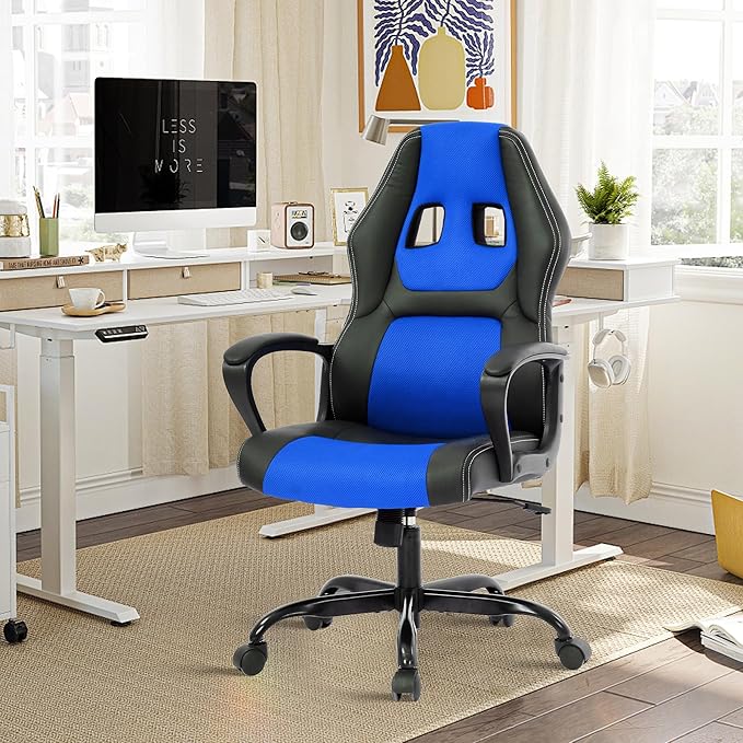 MKDLUFEI Video Game ChairErgonomic Office Chair Desk Chair and Lumbar Support PU Leather Recliner with HeadrestHeight Adjustable Computer Chair for Adults (Blue)