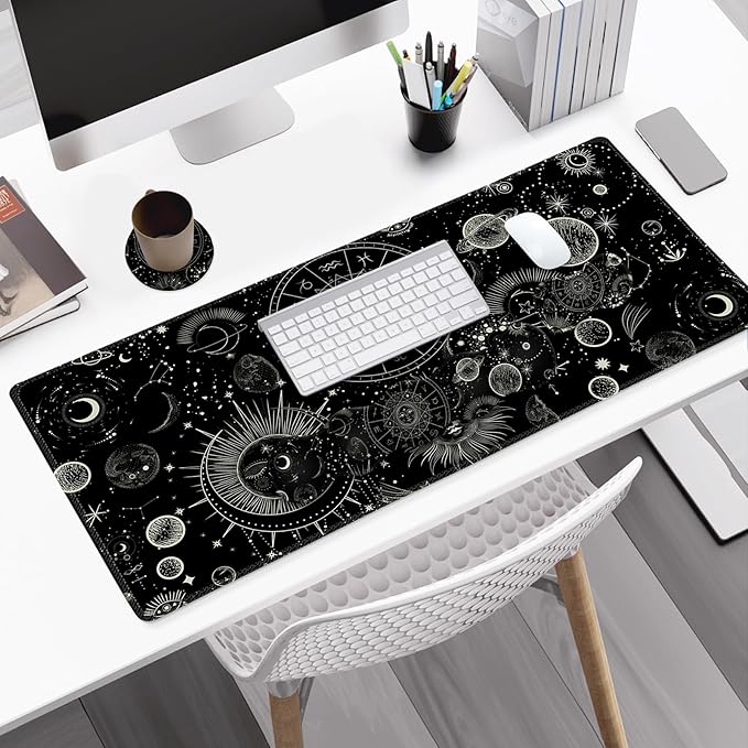 Gaming Mouse Pad Keyboard Wrist Support 4 in1 Mousepad Set with Wrist Keyboard Rest Computer Desk Mat Non-Slip Desk Pad Protector with Memory Foam Easy Typing Pain Relief I Moon Sun Cosmic