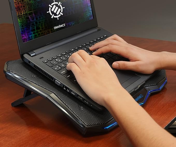 ENHANCE Cryogen 5 Gaming Laptop Cooling Pad Stand - Laptop Cooler with 7 Adjustable Height Settings &amp Dual USB Ports up to 17 inches - 1 Ultra Quiet High Performance LED Fan 800 RPM - Blue