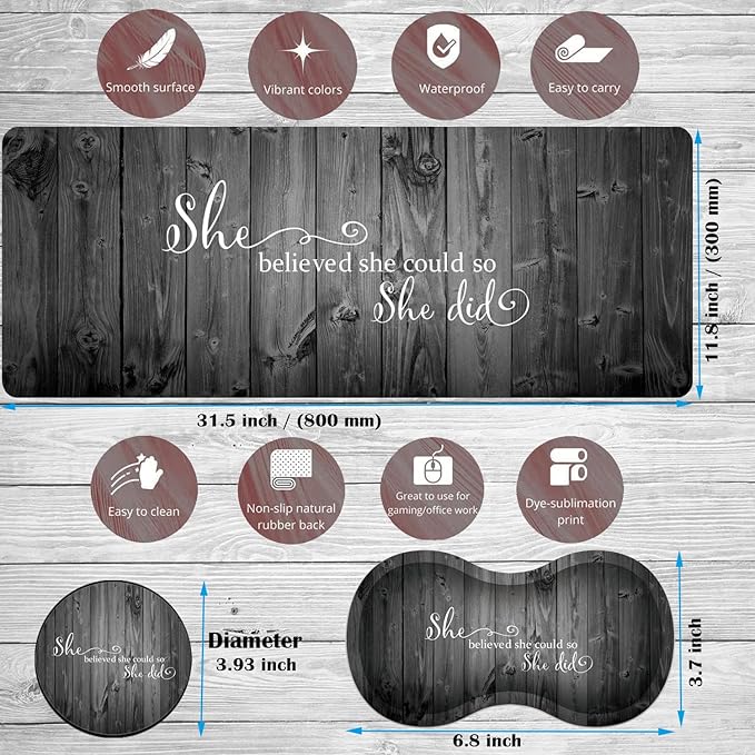 Large Game Mouse Pad + Wrist Support Pad + Coffee Coaster She Believed She CouldSo She Did Foldable Table Mat with Stitched Edge Non-Slip Set Pad Suitable for Office Work and Home