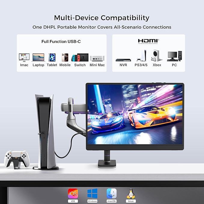 14 Inch Portable Monitor FHD 1920x1200 IPS16:10 Display with Built-in Kickstand USB-C/HDMI Plug and Play Compatible with Laptop PC Mac Mobile PS5 PS4 Xbox Switch