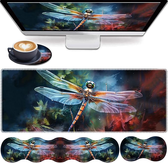 4 in 1 Mouse Pad Combo Large Gaming Mouse Pad + Keyboard Wrist Support + Mouse Wrist Rest + Coaster Table Pad with Stitched Edge Ergonomic Wrist Pad Set Art Dragonfly