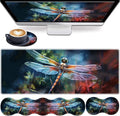 4 in 1 Mouse Pad Combo Large Gaming Mouse Pad + Keyboard Wrist Support + Mouse Wrist Rest + Coaster Table Pad with Stitched Edge Ergonomic Wrist Pad Set Art Dragonfly