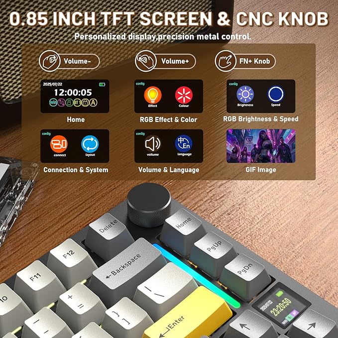A.JAZZ Attack Shark X820Ultra 75% Wireless Mechanical Gaming Keyboard and Coiled Cable Hot Swappable 2.4GHz/Bluetooth/Wired Keyboard with Screen &amp Knob RGB Backlit Gasket Mount Gift Switch-Starbla